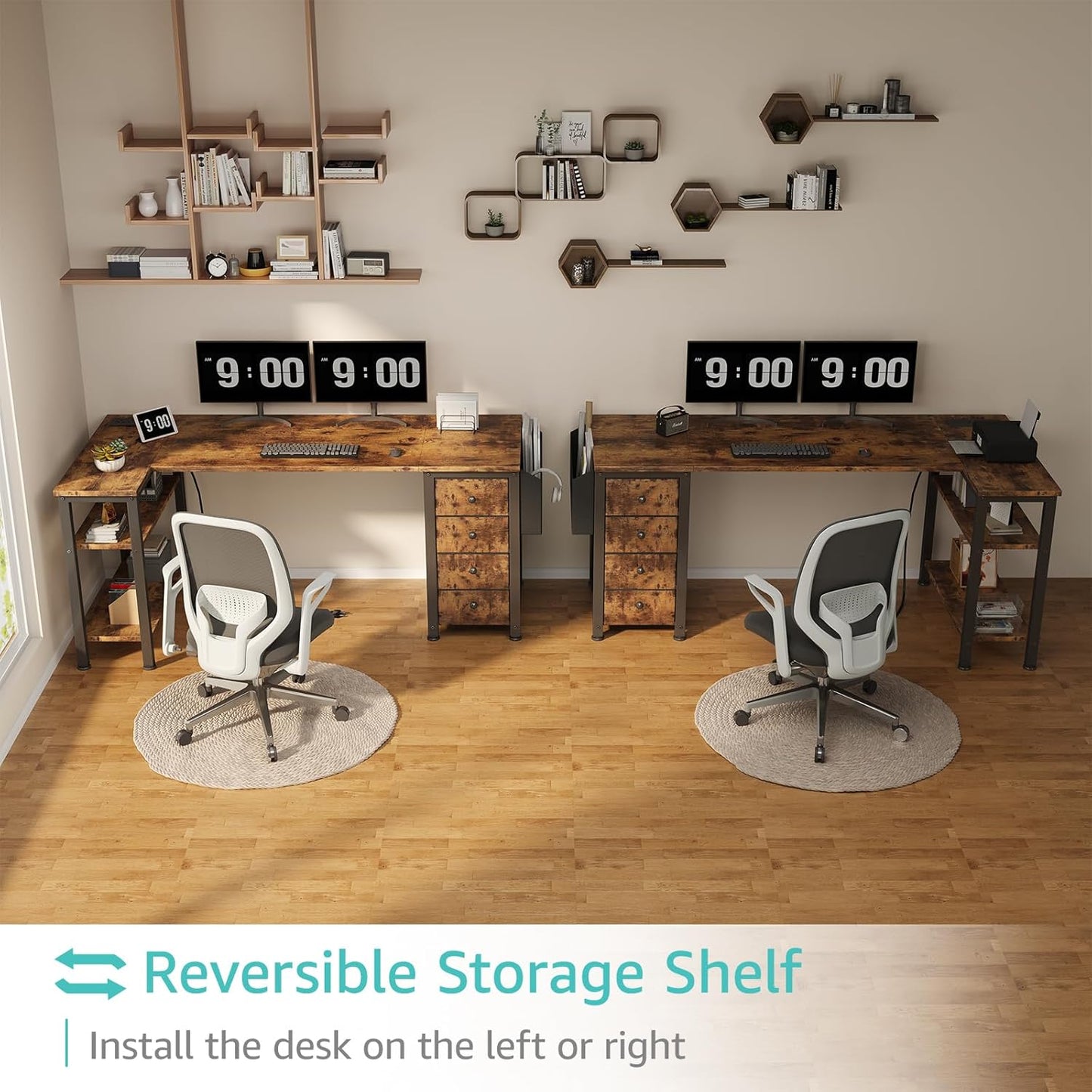 Lufeiya L Shaped Computer Desk with Drawers & Storage Shelves, Rustic Brown