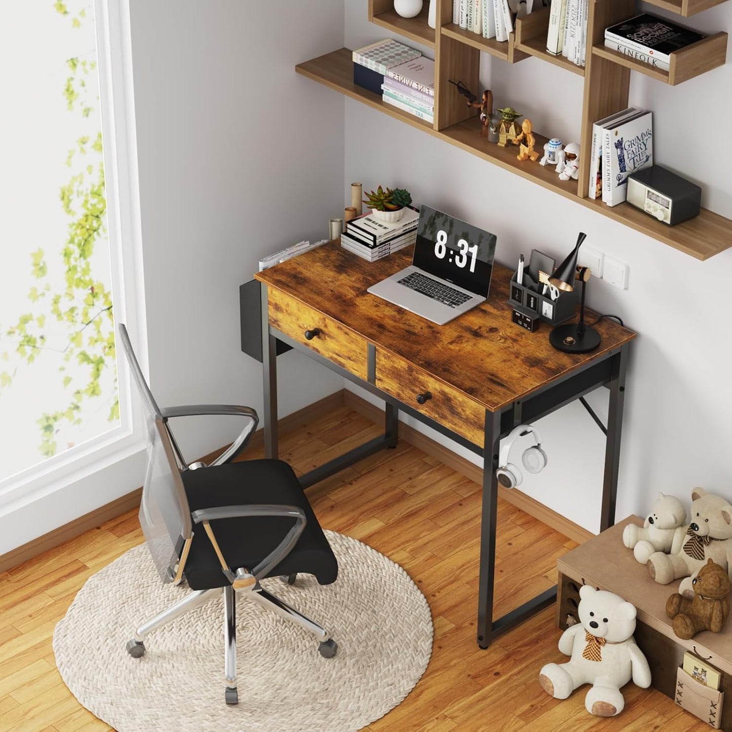 Lufeiya Compact Desk with 2 Drawers, Rustic Brown