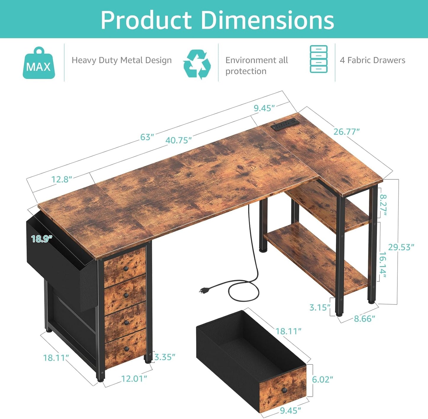 Lufeiya L Shaped Computer Desk with Drawers, Brown