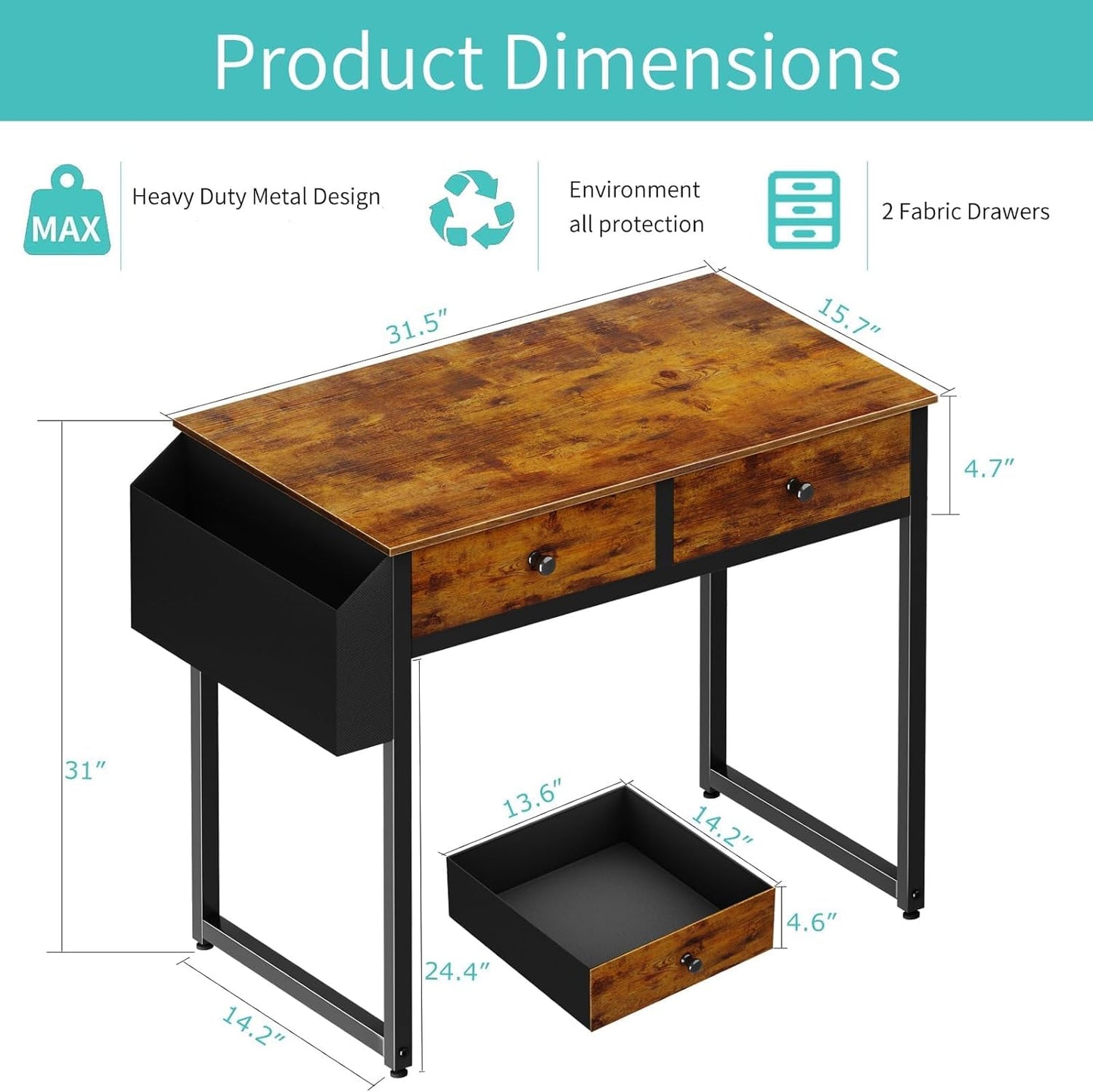 Lufeiya Compact Desk with 2 Drawers, Rustic Brown