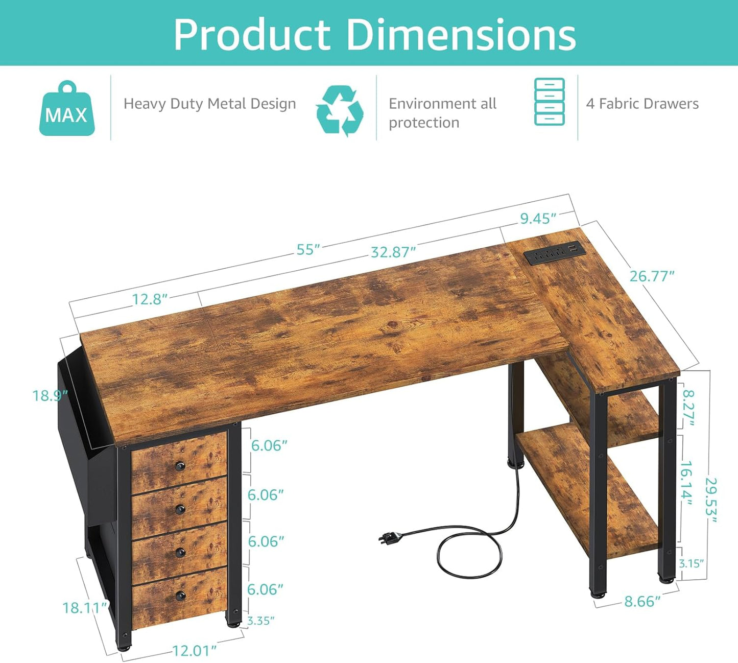 Lufeiya L Shaped Computer Desk with Drawers & Storage Shelves, Rustic Brown