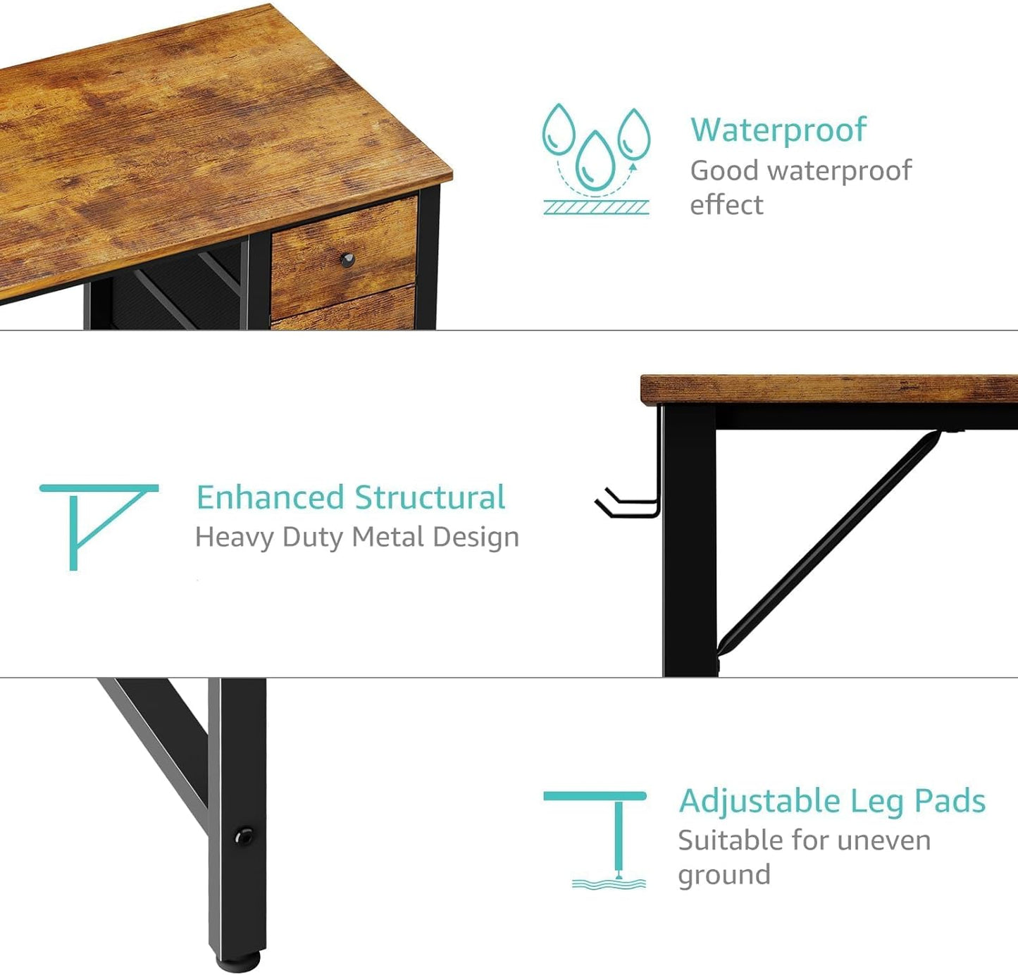 Lufeiya Computer Desk with Fabric Drawers, Rustic Brown