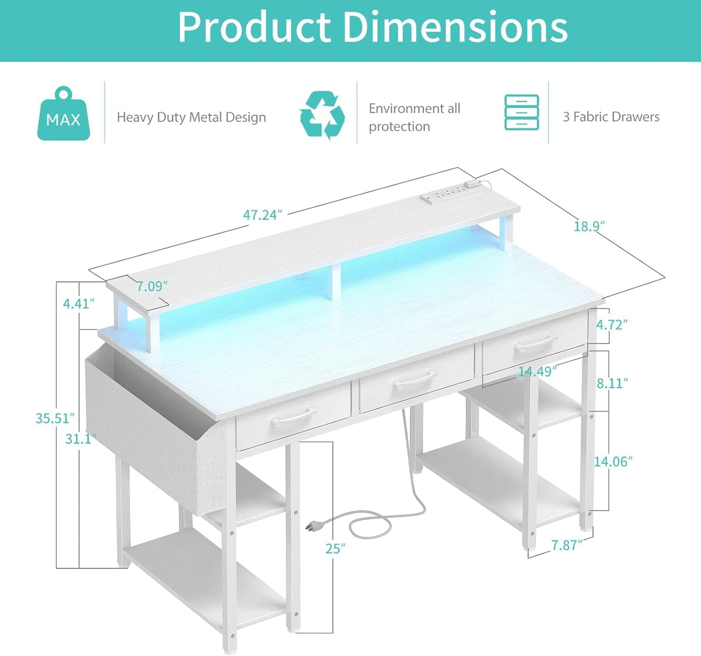 Lufeiya Computer Desk with Fabric Drawers, White
