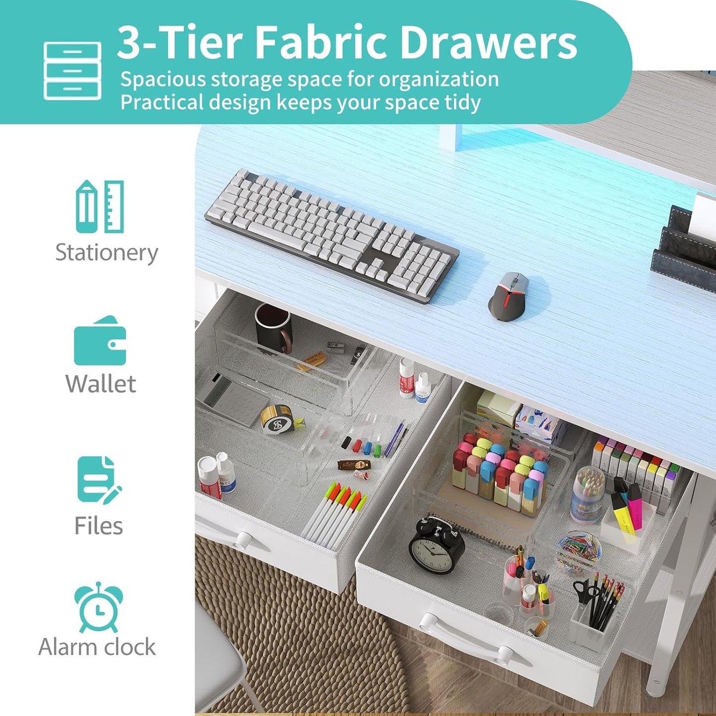 Lufeiya Computer Desk with Fabric Drawers, White