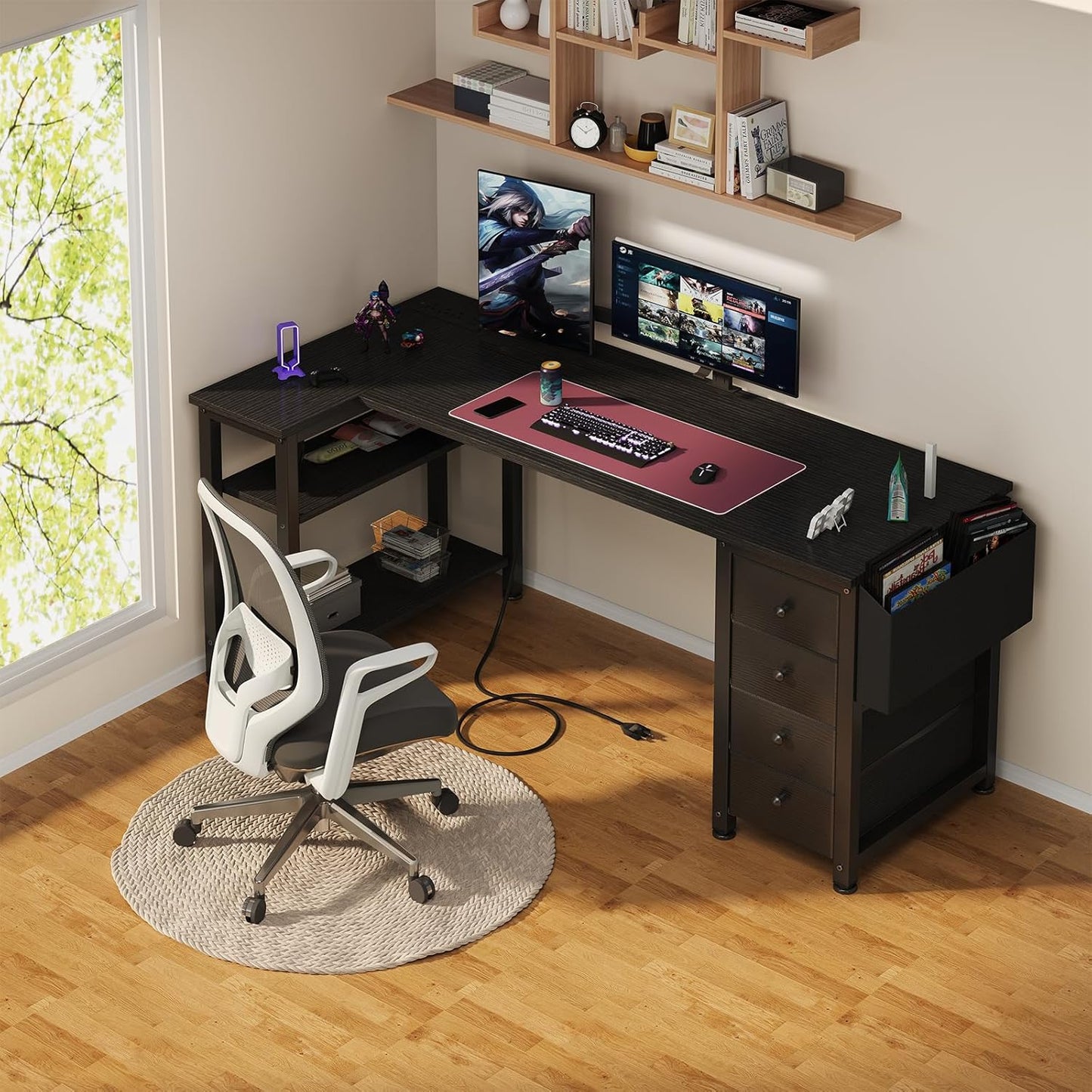 Lufeiya Built-in Outlets L Shaped Desk with Drawers & Storage Shelves, Black