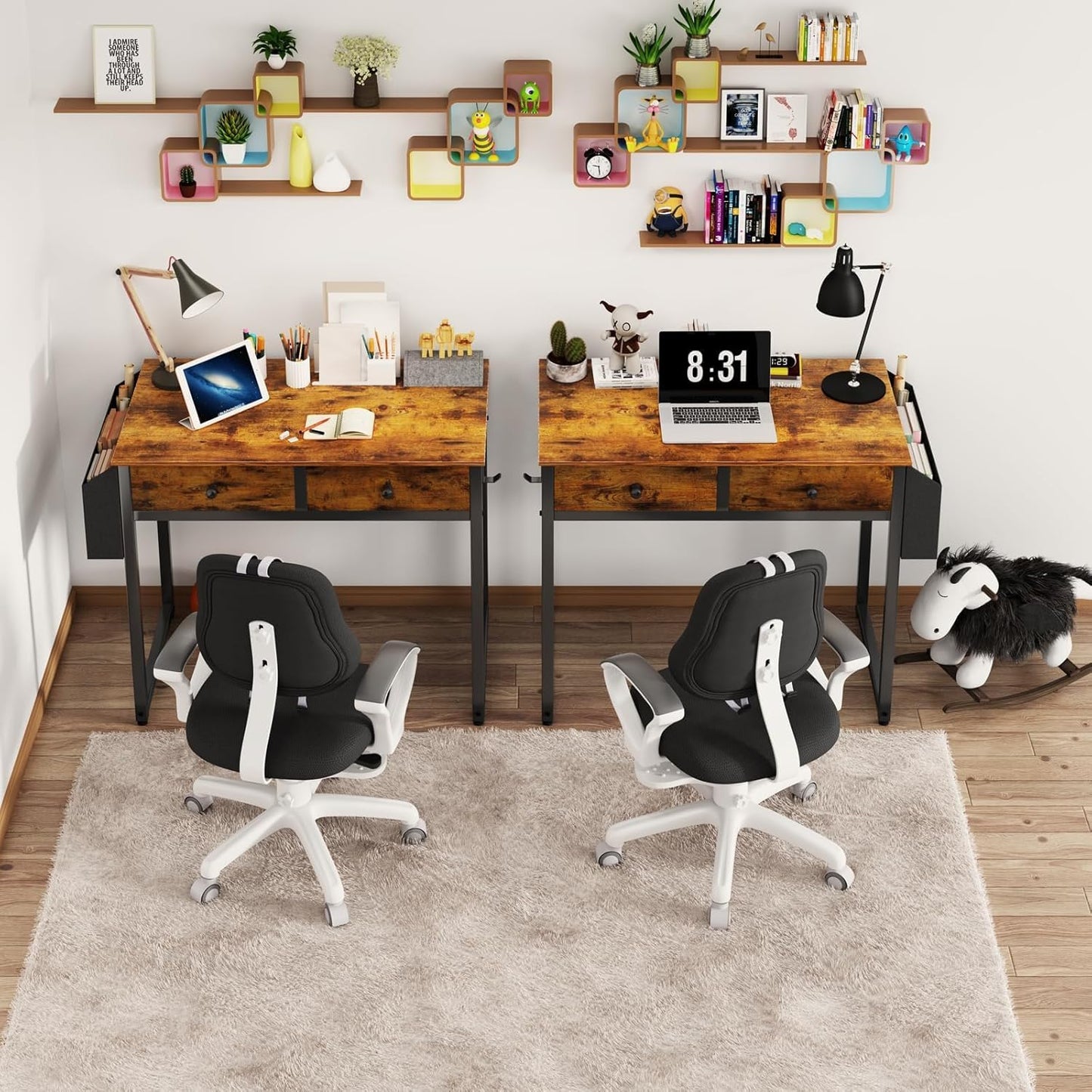Lufeiya Compact Desk with 2 Drawers, Rustic Brown