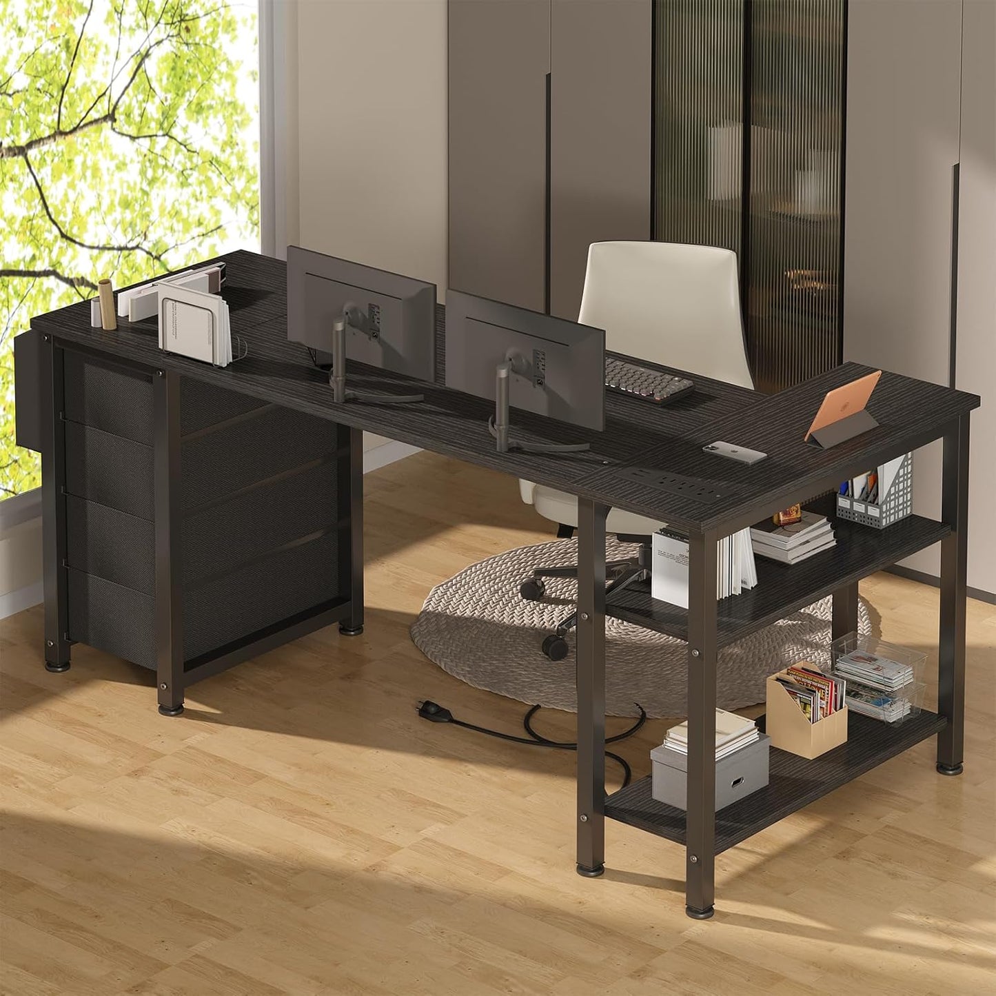 Lufeiya Built-in Outlets L Shaped Desk with Drawers & Storage Shelves, Black