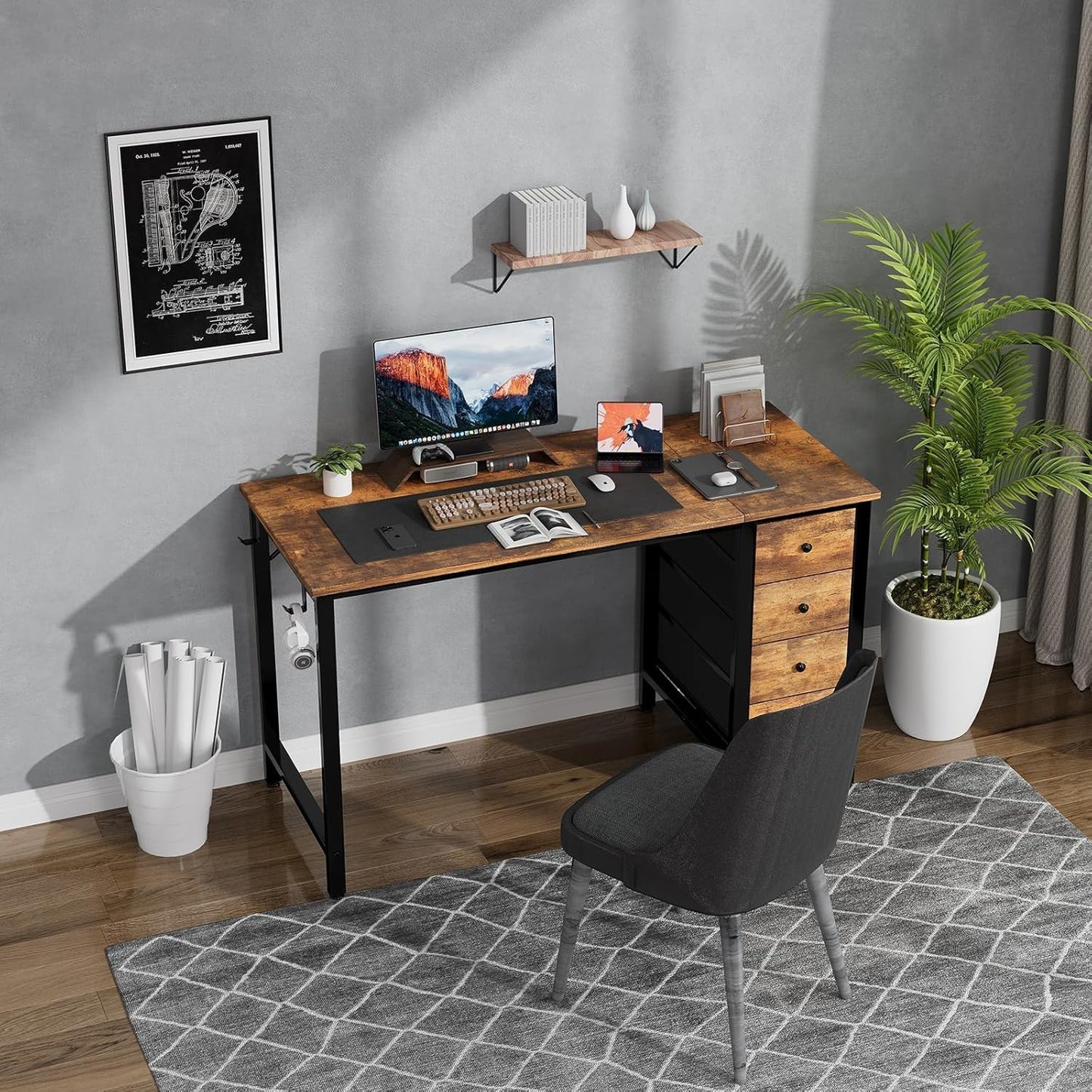 Lufeiya Computer Desk with Fabric Drawers, Rustic Brown