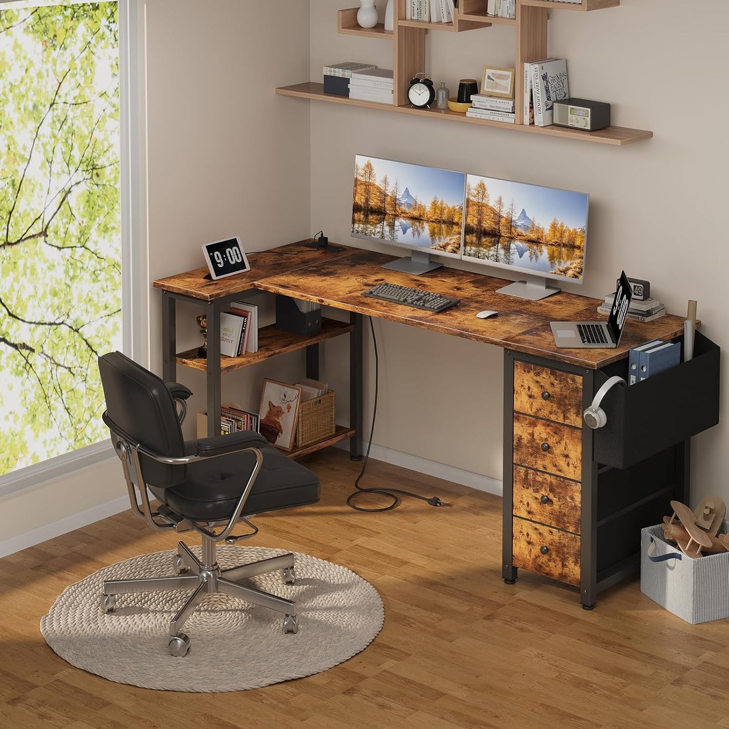 Lufeiya L Shaped Computer Desk with Drawers, Brown
