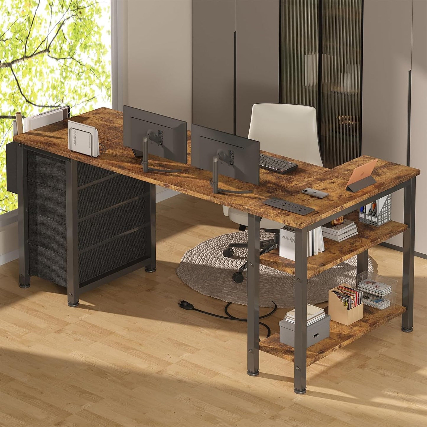 Lufeiya L Shaped Computer Desk with Drawers & Storage Shelves, Rustic Brown