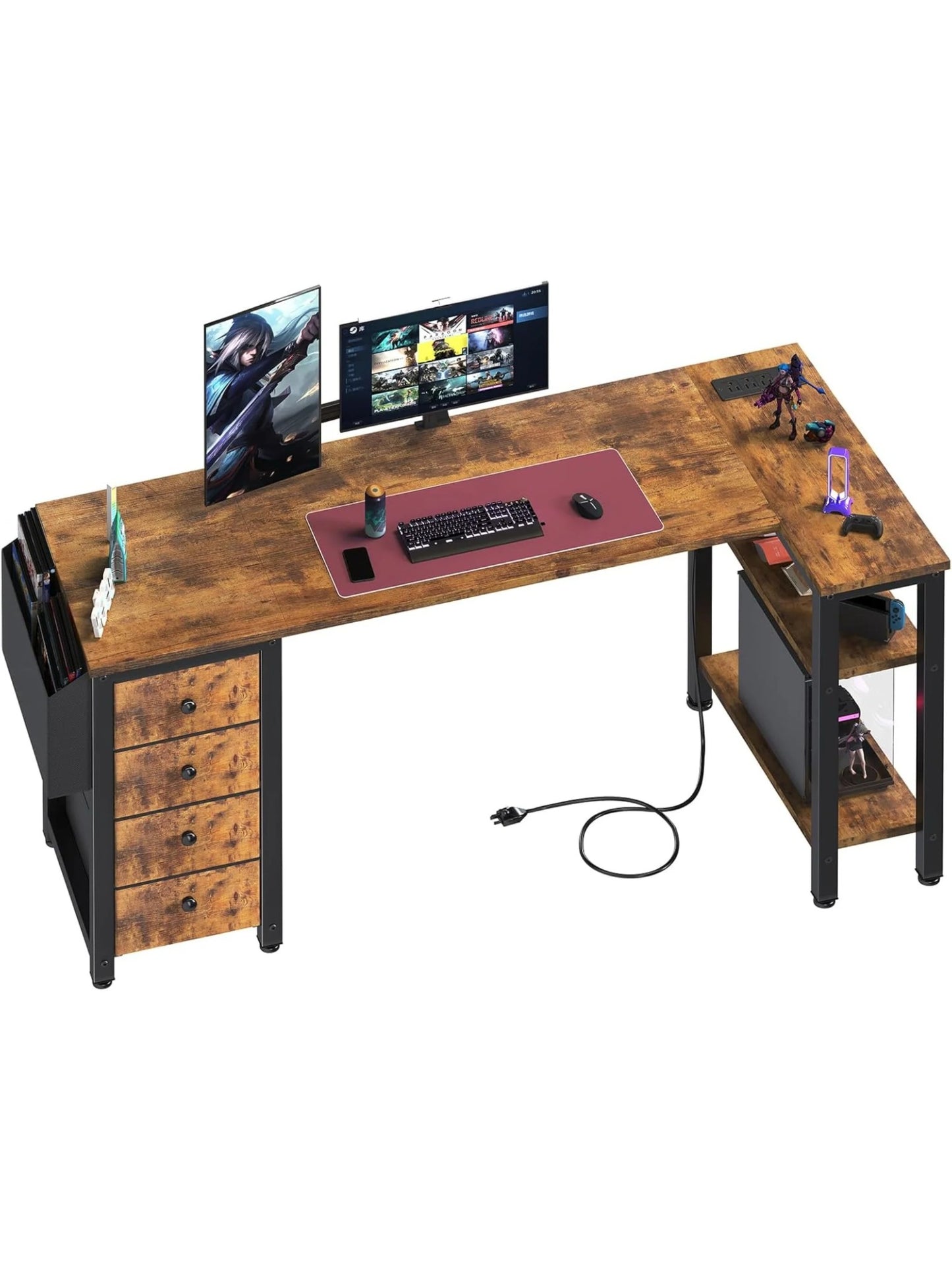 Lufeiya L Shaped Computer Desk with Drawers & Storage Shelves, Rustic Brown