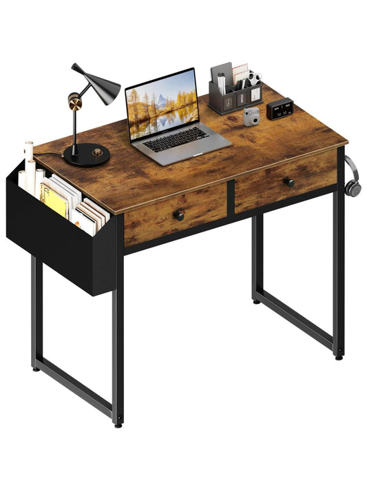 Lufeiya Compact Desk with 2 Drawers, Rustic Brown