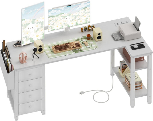 Lufeiya Built-in Outlets L Shaped Desk with Drawers & Storage Shelves, White