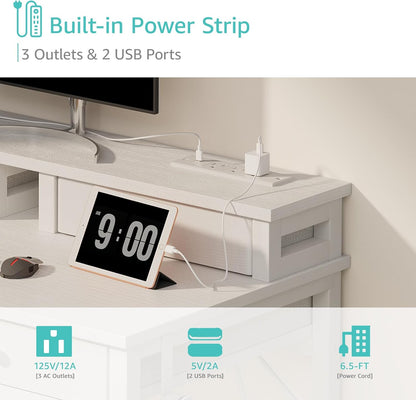 Lufeiya Vanity Desk Built-in Power Outlet & 4 Fabric Drawers, White
