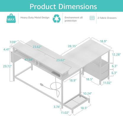 Lufeiya Built-in Outlets L Shaped CPU Desk, White