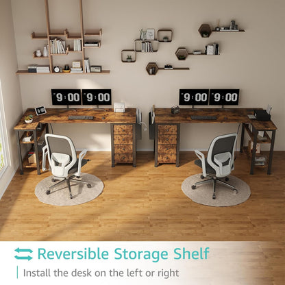 Lufeiya L Shaped Computer Desk with Drawers & Storage Shelves, Rustic Brown