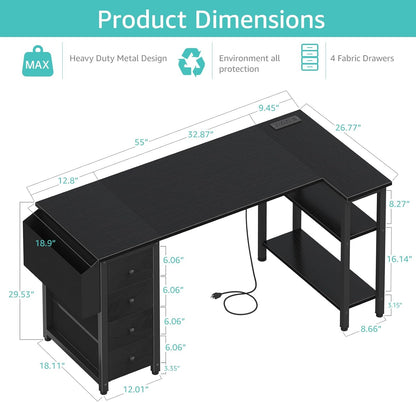 Lufeiya Built-in Outlets L Shaped Desk with Drawers & Storage Shelves, Black