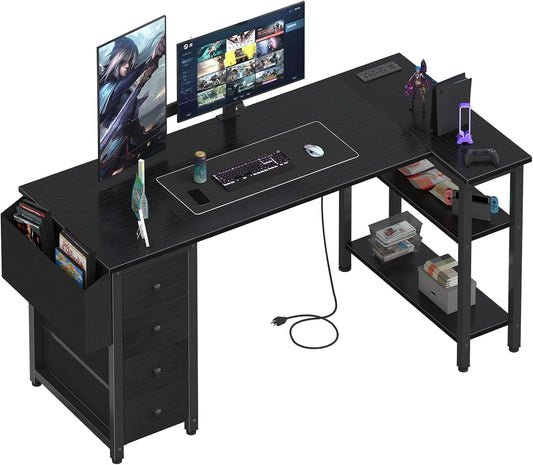 Lufeiya Built-in Outlets L Shaped Desk with Drawers & Storage Shelves, Black
