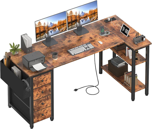 Lufeiya L Shaped Computer Desk with Drawers, Brown