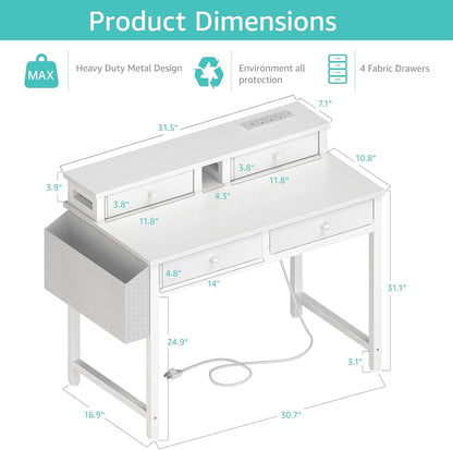 Lufeiya Vanity Desk Built-in Power Outlet & 4 Fabric Drawers, White