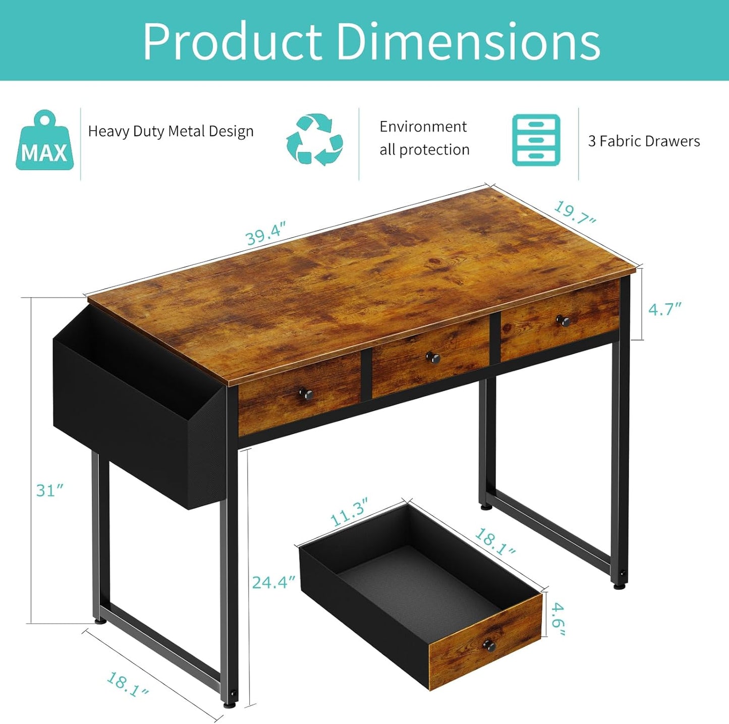 Lufeiya Desk with 3 Drawers for Bedroom, Vintage Brown