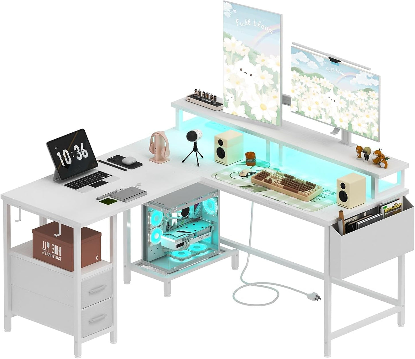 Lufeiya Built-in Outlets L Shaped CPU Desk, White