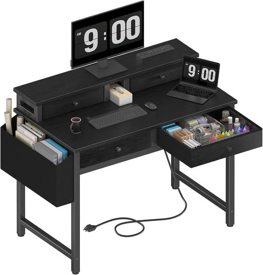Lufeiya Compact Desk with Power Outlet & Fabric Drawers, Black