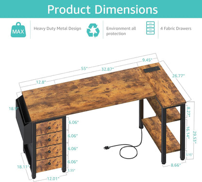 Lufeiya L Shaped Computer Desk with Drawers & Storage Shelves, Rustic Brown
