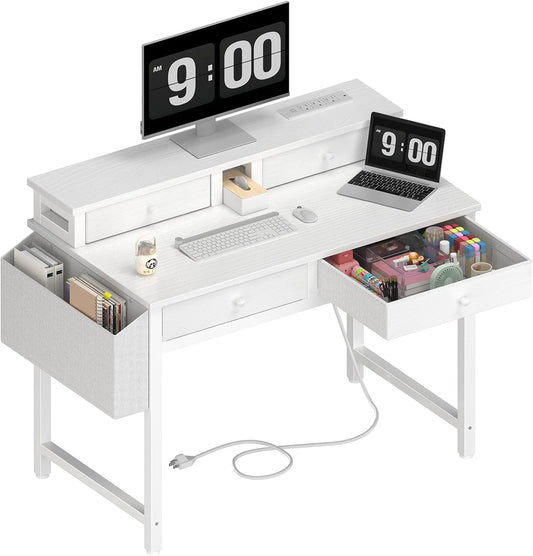Lufeiya Vanity Desk Built-in Power Outlet & 4 Fabric Drawers, White