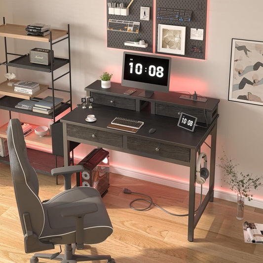 Lufeiya Compact Desk with Power Outlet & Fabric Drawers, Black