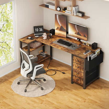 Lufeiya L Shaped Computer Desk with Drawers & Storage Shelves, Rustic Brown