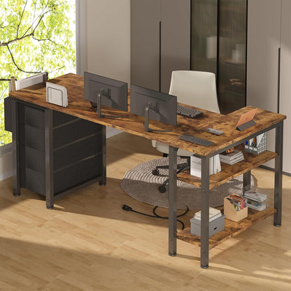 Lufeiya L Shaped Computer Desk with Drawers & Storage Shelves, Rustic Brown