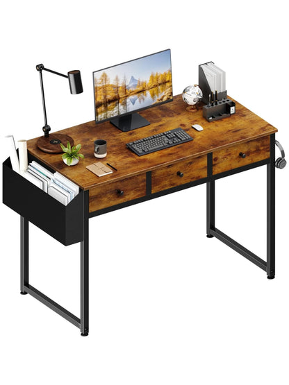 Lufeiya Desk with 3 Drawers for Bedroom, Vintage Brown