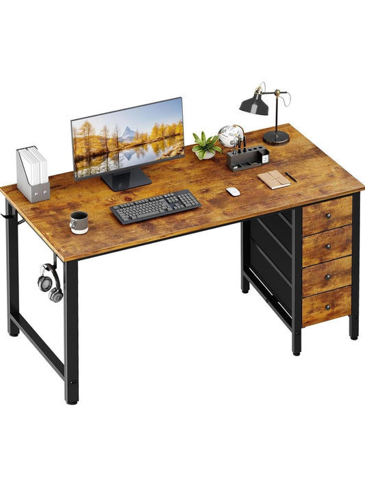 Lufeiya Computer Desk with Fabric Drawers, Rustic Brown