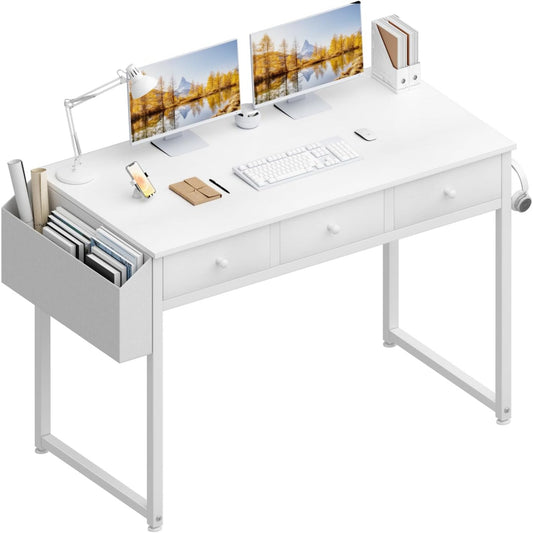Lufeiya Compact Desk with 3 Fabric Drawers, White